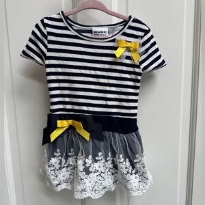 Blueberi Boulevard 4T Girls Navy & White Striped Short Sleeve Blouse Yellow Bows
